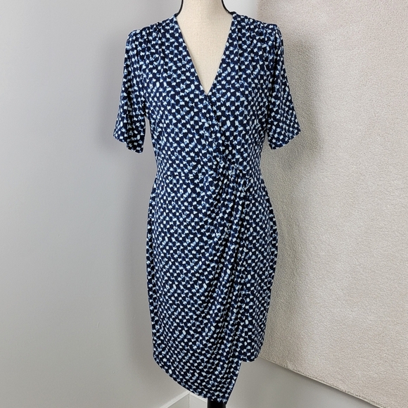 Banana Republic Blue And White Print Faux Wrap Knot Dress Sz L Petite NEW - Picture 2 of 11